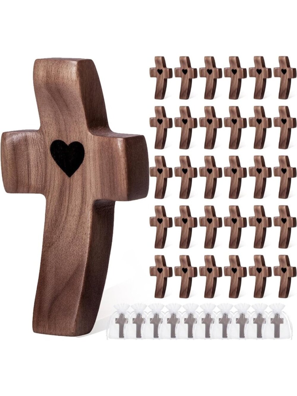30-Pack Handmade Wooden Cross Fidget Toys with Organza Bags - Pocket Size Stress